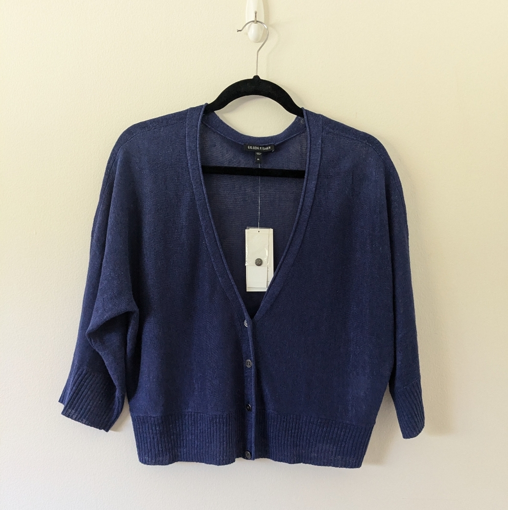 Eileen Fisher Navy Blue V-Neck Button Front Cardigan